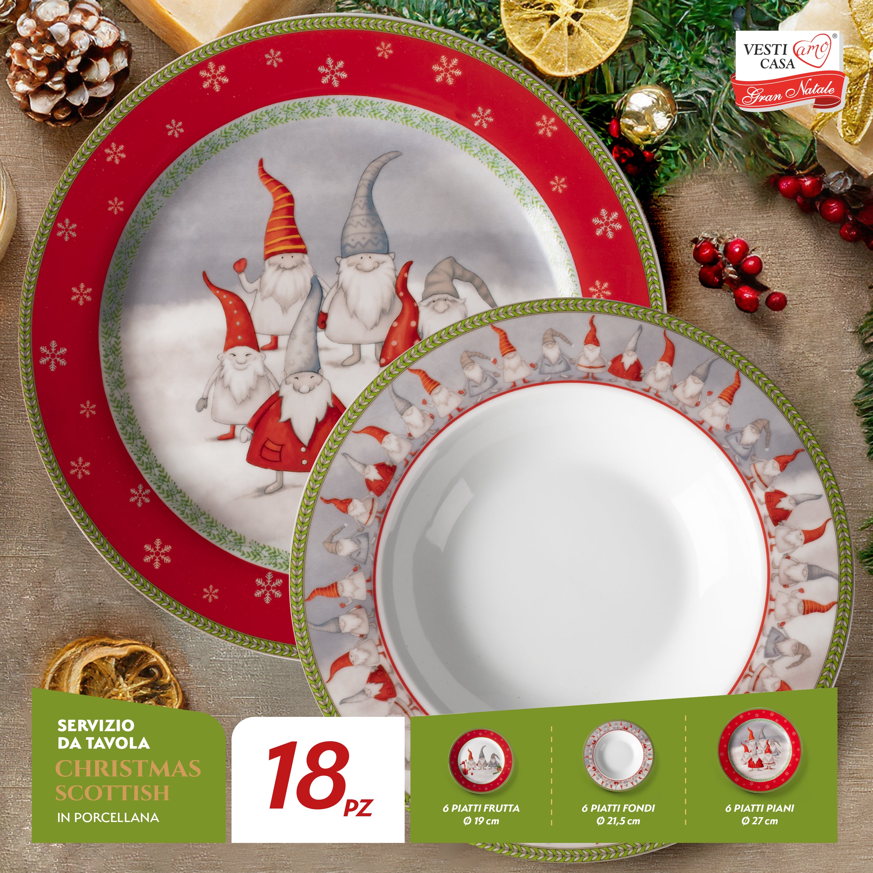 VESTIAMO CASA GRAN NATALE - Servizio di piatti Merry Gnomes in porcellana 18 pezzi